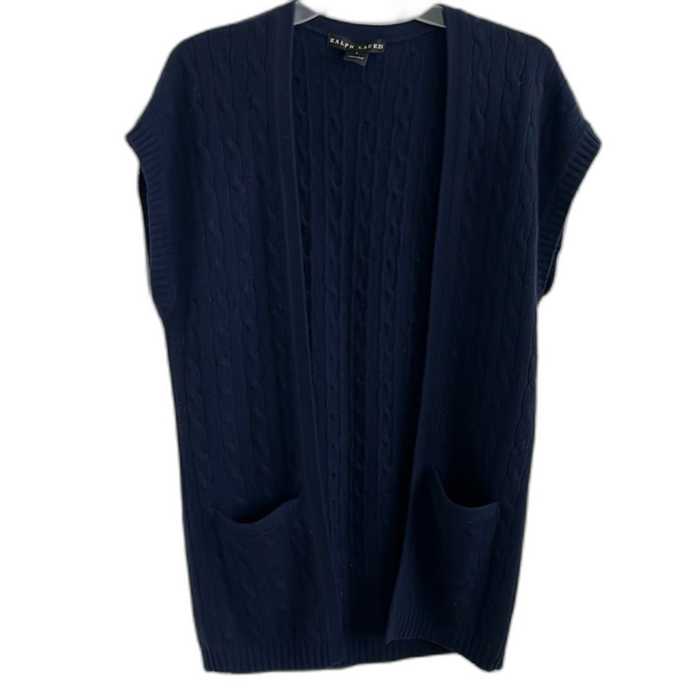 EUC Ralph Lauren black label 100% Cashmere Sweater Vest cable Knit duster Sz L